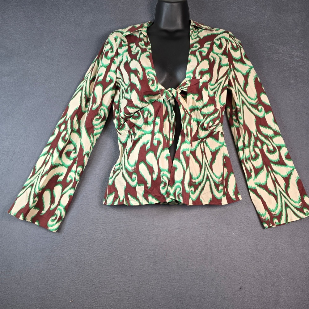 Zara Selena Blouse Women XS Multicolor Ikat Print Tie Front Long Sleeve Top